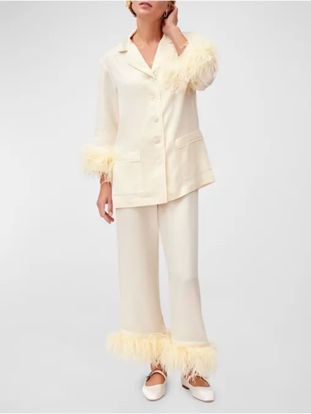 NWT Sleeper Wedding Cream Feather-Trim Jacquard Pajama Set